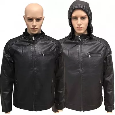 Mens New Faux Leather Jacket Biker With Detachable Hood Black Lined Sz S M L XL • $69.95