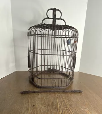 Vintage Asian Carved Bamboo Hanging Bird Cage Ceramic Cup Dragon Perch • $119.10