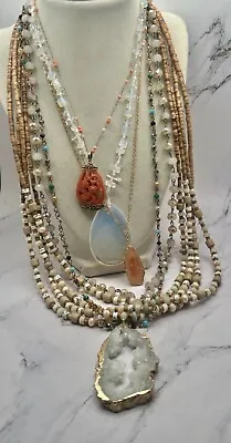 Boho Beads Chain Pendants 6Pc Necklace Lot Opal Glass Stone Wood All Nice! • $14.99