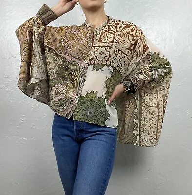 New Zara Sheer Paisley Print Button Down Cape Blouse Patchwork Size XS-S #2650 • $42.49