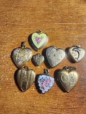 Lot Of 8 Antique Vintage Yellow Gold Filled Heart Pendant Lockets 24 Grams • $82