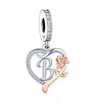 Letter B Name Initial Heart & Rose Dangle Charm 💜 Genuine 925 Sterling Silver • £17