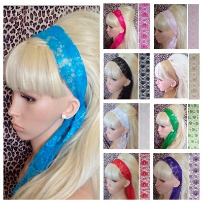 New FLORAL LACE FABRIC SELF TIE BOW HAIR SCARF HEAD BAND RETRO 60s 80s HEADBAND • £4.49