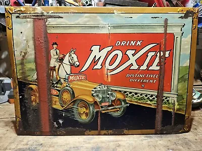 Vintage RARE Moxie Root Beer Metal Sign W/Horse And Car GAS OIL SODA COLA • $800