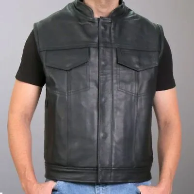 Mens Black Real Leather Bar Vest Naked Front Open Kick Fetish Buckler Leder Vest • $125