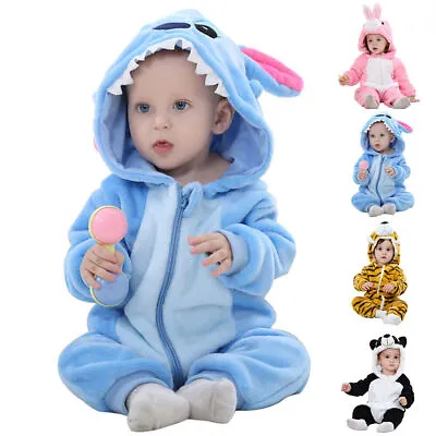 Newborn Baby Boy Girl Kids Stitch Hooded Romper Jumpsuit Bodysuit Clothes Outfit • £12.89