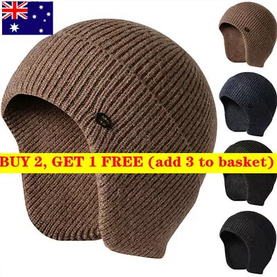 Winter Mens Knitted Warmer Beanie Hat With Earflaps Russian Winter Ski Skull Cap • $16.79