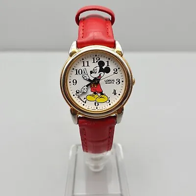 Vintage Lorus Disney Watch Mickey Mouse Easy Read Red Leather Band NEW BATTERY • $29.99