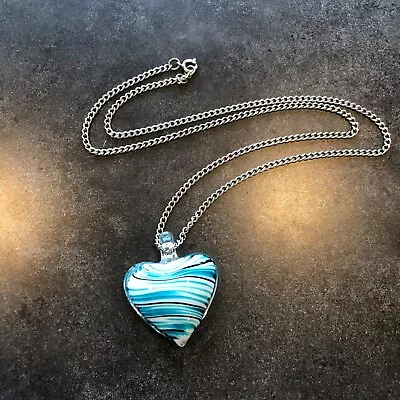 Necklace Art Glass Striped Blue Puffy Heart Hand Made On 24  Silver Tone Chain • $8.99