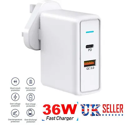 36W 2 Multi-Port QC 3.0 Fast Quick Charge USB Wall Charger Adapter UK Plug • £3.99