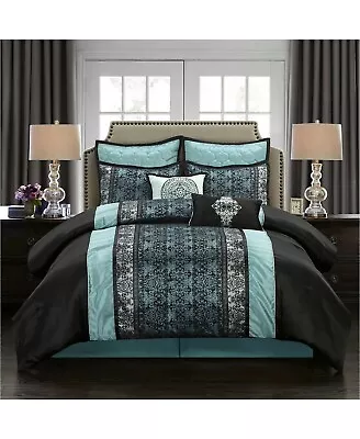 Nanshing Arabesque Moroccan Damask 8-Pc. Comforter Set - QUEEN - Black / Blue • $94.12