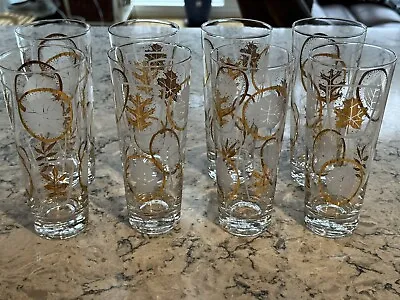 Vintage MCM 1950s Federal Glass Gilt Fronds Tom Collins Glasses Set Of 8 - MINT • $49.99