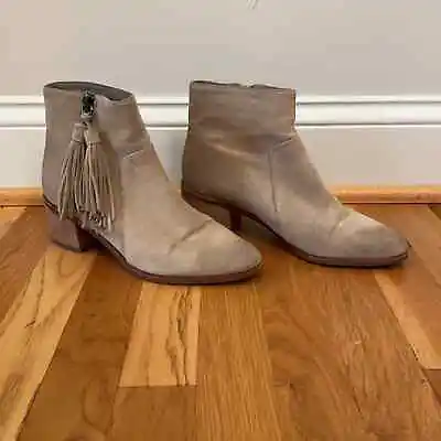 Miss Albright Amarie Tassel Taupe Suede Bootie Stacked Heel Size 8.5 • $35