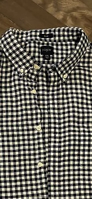 Men’s J.CREW Shirt Blue Checked Linen Blend Short Sleeve Button Up Slim Fit XXL • $16