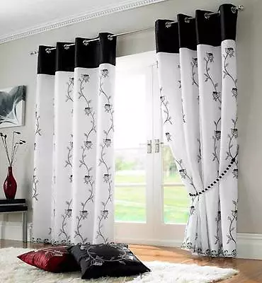 TAHITI BLACK & WHITE LINED VOILE RING TOP EYELET CURTAINS ~ Many Sizes • £11.98