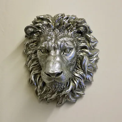 28cm Lion Head Sculpture Wall Mount Animal Hanging Garden Ornament Resin Silver • £29.99