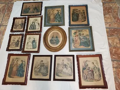 Vintage Lot Of 13 Godey's & La Mode Illustree Fashion Prints Colored Wood Framed • $214