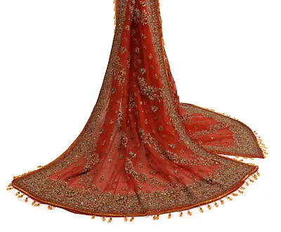 Sushila Vintage Orange Heavy Dupatta Net Mesh Hand Beaded Zardozi Long Stole • $114.74