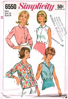 6550 Vintage Simplicity Sewing Pattern Misses 1960s Button Up Blouse Collar 14 • $5.59