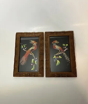 Vintage Pair Of Bird Pictures Colorful Feather Craft Hand Carved Wood Frame • $15