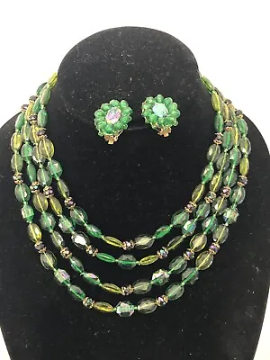 Vtg Made In Western Germany Green Iridescent  Multi Strand Necklace Earrings Set • $45