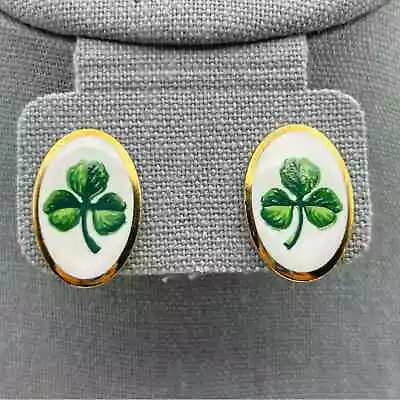 Vintage Avon White Oval Porcelain Irish St Patrick's Day Shamrock Stud Earrings • $19.99