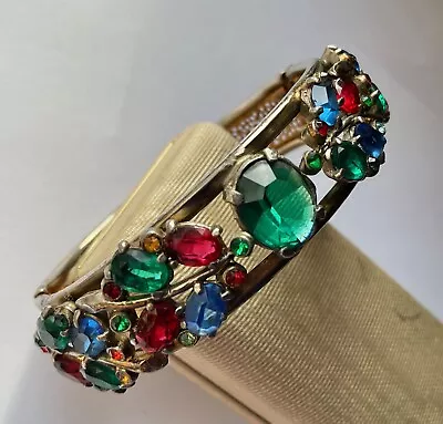 BEAUTIFUl Vintage Multicolor RHINESTONES Hinged BANGLE Bracelet Green Bluered • $29