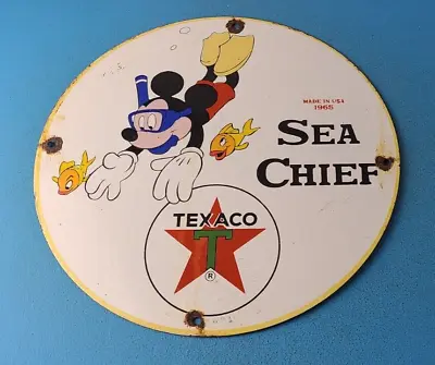 Vintage Texaco Gasoline Sign - Disney Mickey Sea Chief Porcelain Gas Pump Sign • $144.47