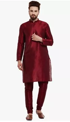 Sojanya Men's Silk Blend Maroon Kurta And Maroon Churidar Pyjama Set -Size 44 • £25.99