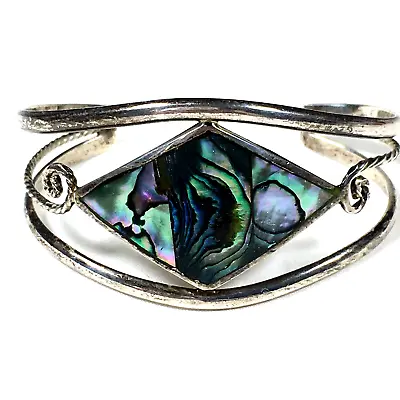 Vintage Alpaca Mexico Silver Tone Mother Of Pearl Abalone Inlay Cuff Bracelet • $22