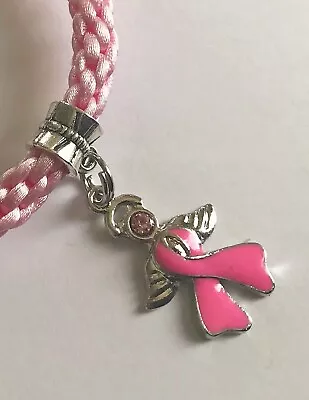 Breast Cancer Awareness PINK ANGEL Rhinestone Charm On Pink Kumihimo Bracelet  • £2.59