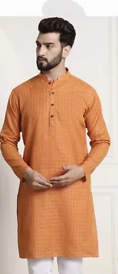 SOJANYA Since 1958  Men S Cotton Orange Silver Design Only Long Kurta XXL 44 • £12.99