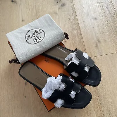 $800 • Buy HERMES Oran Black Sandals Shoes Slides Leather Calfskin White Stitching 37.5