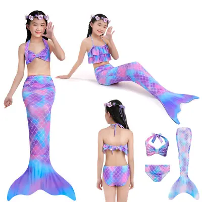 3pcs Girls Mermaid Tail Swimming Costume Swimmable Bikini Set Summer Swimsuit UK • £11.66