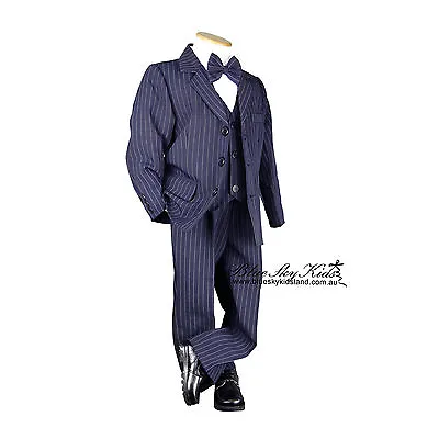 Boys Kids Navy Pinstripe Suit Set PageBoy Wedding Formal Suit 5pcs Size 000-16 • £81.16