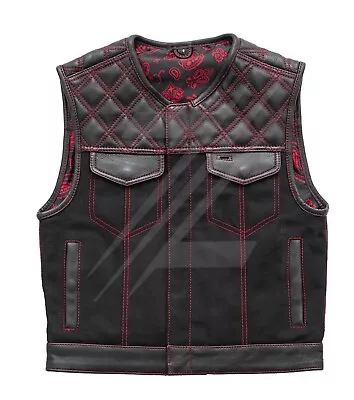 Men's Classic Cowhide Leather Vest Diamond Quilted Canvas Motorcycle Bikers Vest • $162