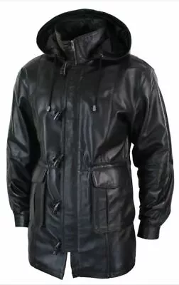 Men's Black Trench Over Coat Hooded Long Genuine Sheepskin Leather Jacket Coat • £109