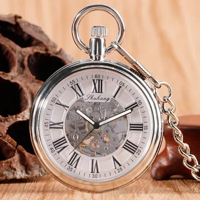 Mens Pocket Watch Silver Automatic Mechanical Skeleton Watches Chain Collectable • £21.11