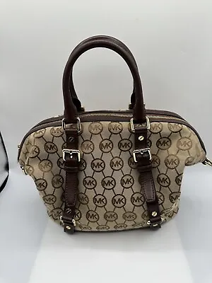 Michael Kors Bedford MK Khaki Fabric Mahogany Leather Trim Satchel Handbag • $44.99