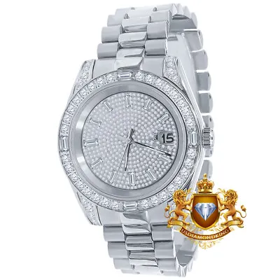 Solid Steel 18K White Gold Tone Baguette Simulated Diamond President Watch 40mm • £240.93