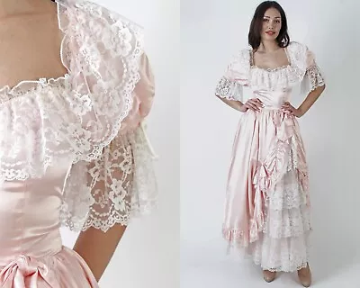 Vtg 70s Zum Zum Pink Satin Lace Prom Gown Brothel Western Saloon Maxi Dress • $134