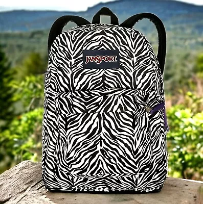 JanSport Zebra Backpack SuperBreak Purple Zip Black Bag Zoo Animal Safari Print • £21.80