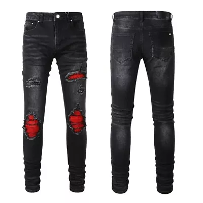 Men's Classic Colors Skinny Fit Stretch Patches Frayed Sanding Denim Black Jeans • $59.25