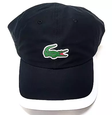 Lacoste Semi-Fancy Brim Logo Cap Adjustable Strap - Black/White Brim • $37.99