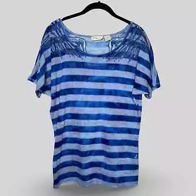 Miss Me Striped Beaded Tee T-Shirt Top Stripe Blue Lace Size L • $19.99