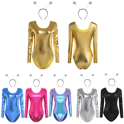 Womens Outfits Shiny Metallic Costume U Back Set Solid Color Leotards Club Lady • £21.59