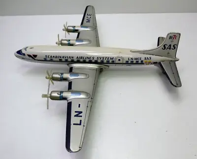 Vintage Friction Tin Toy Airplane Plane Scandinavian Airline System Dc7c  E.t Co • $289