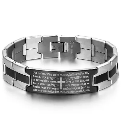 Mens Stainless Steel Black Cross Silver English Bible Lords Prayer Link Bracelet • $10.99