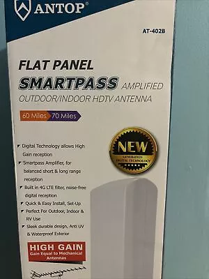 ANTOP AT-402B Flat-Panel Smartpass Amplified Outdoor & Indoor HDTV Antenna White • $59