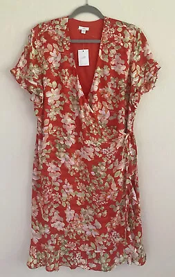 J.jill Papaya Ruffled V Neck Wrap Dress Multicolor Floral Print NWOT Size LP • $42.95